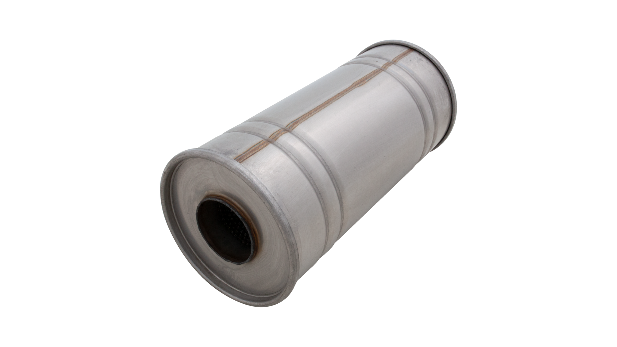 6Inch Round Straight Through Resonator 14Inch Long 2.5Inch Pipework Raw 409 S/S